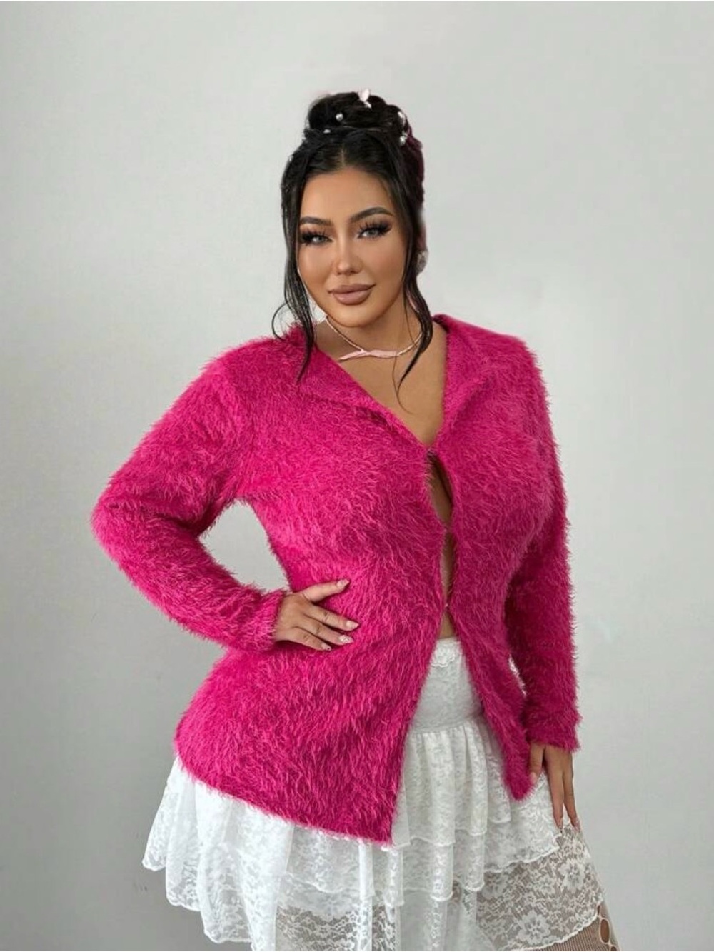 SHEIN Hot Pink Fuzzy Teddy Cardigan Jacket